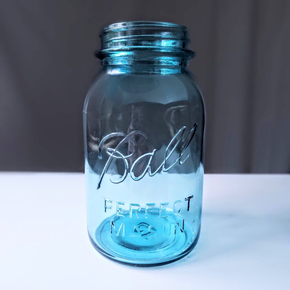 RARE Antique Ball Mason Jar, Aqua Blue, Mold #13 (1910-1923, No Lid)